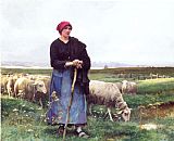 Flock Canvas Paintings - A Shepherdess with her flock
